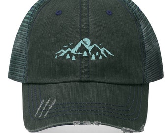 Mountain Hat, Mountain Trucker Hat, Hiking Hat, Adventure, Hat With Mountains, Hat with Embroidered Mountains, Unisex Trucker Hat