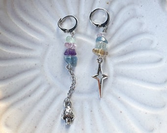 Mismatched Fairycore Fluorite Charm Earrings | Handmade Spiritual Jewelry | Whimsical Mushroom Star Design | Healing Crystal Accessories