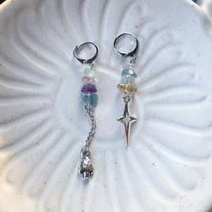 Mismatched Fairycore Fluorite Charm Earrings Handmade Spiritual Jewelry Whimsical Mushroom Star Design Healing Crystal Accessories image 1