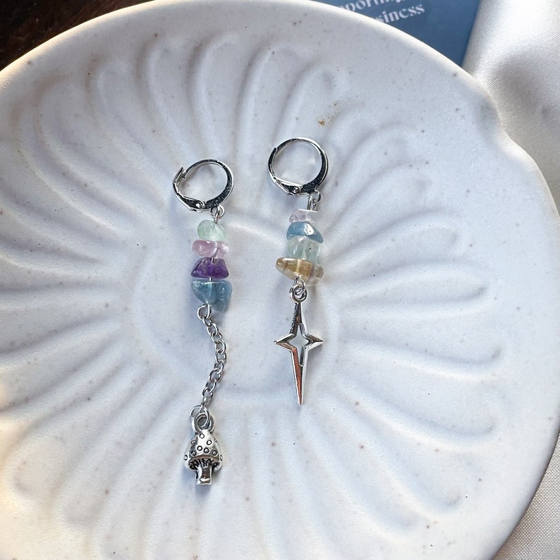 Mismatched Fairycore Fluorite Charm Earrings Handmade Spiritual Jewelry Whimsical Mushroom Star Design Healing Crystal Accessories image 1