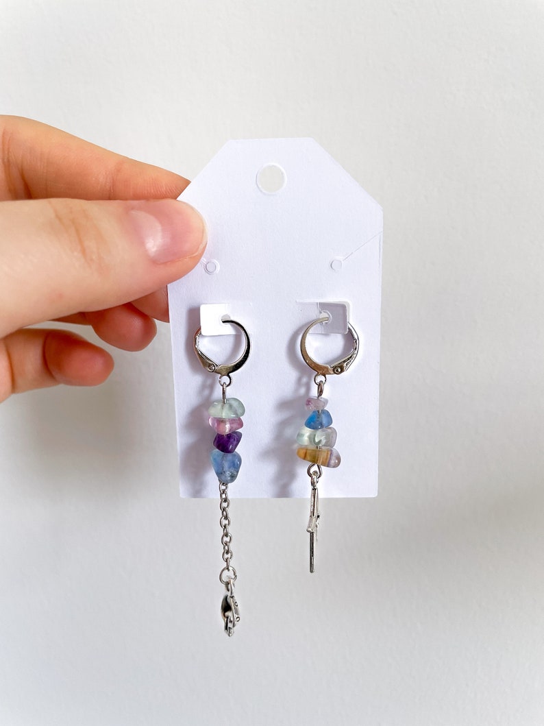 Mismatched Fairycore Fluorite Charm Earrings Handmade Spiritual Jewelry Whimsical Mushroom Star Design Healing Crystal Accessories image 2