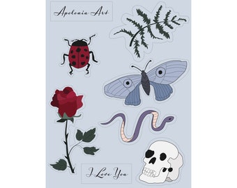 Gothic Sticker Sheet | Spooky Laptop stickers | Creepy Cute Whimsical Water Bottle Stickers | Dishwasher Safe | Decorative Dark Cottagecore