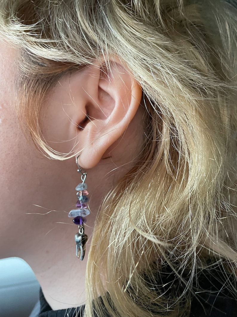 Mismatched Fairycore Fluorite Charm Earrings Handmade Spiritual Jewelry Whimsical Mushroom Star Design Healing Crystal Accessories image 3