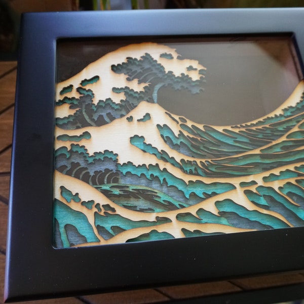 Humidor, Great Waves, wood cut beach design green and blue version