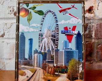 Colagem de arte com horizonte de Atlanta: marcos icônicos da cidade e história de Atlanta