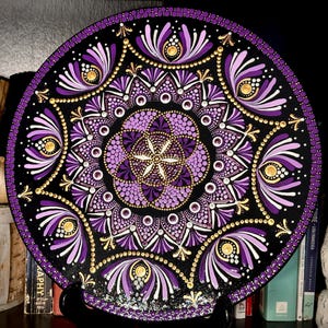 Axia.   A 12&quot; original, hand painted dot mandala, on a wooden round.  Boho home or office art/decor.