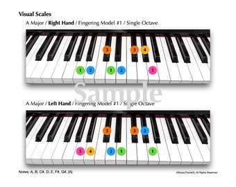 Visual Scales Learning Cards / 12 Major Scales / RH, LH Fingering / Colors, Numbers / 12 HD Sheets / Single Octave / Beginners / Inter.