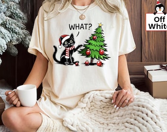 Funny Cat Christmas T-Shirt, Holiday Cat Lover Gift, Cat What shirt, Cat lover knocked over tree, Cute Christmas Cat Lover T-Shirt, Xmas