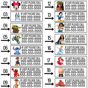 May include: A collection of twenty rectangular labels featuring various cartoon characters and the text IF LOST PLEASE CALL followed by two placeholder phone numbers 999-999-9999 and 555-555-5555, arranged in two columns with numbered arrows.