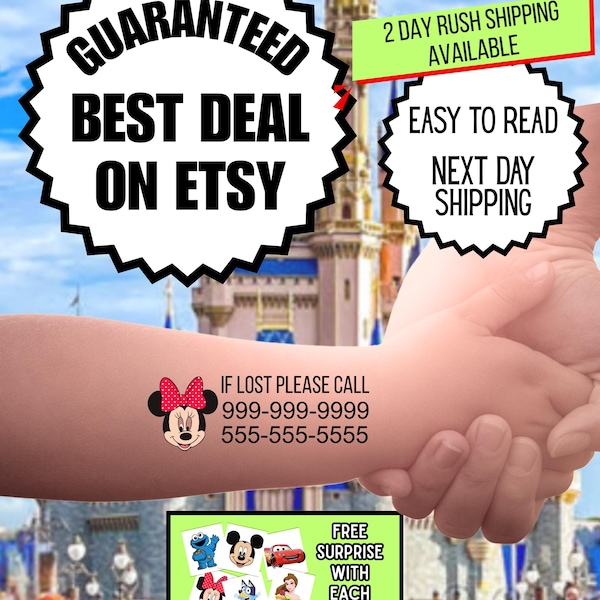 Tymczasowy tatuaż z informacją o bezpieczeństwie dziecka – tatuaże z kontaktem alarmowym, tatuaże na wypadek zgubienia, Disneyland, Disney World, tatuaże z ostrzeżeniem medycznym