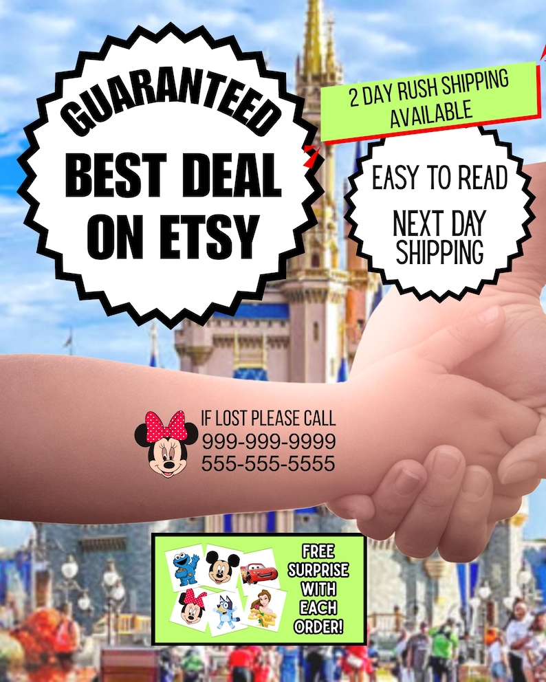 May include: A temporary tattoo on an arm featuring a cartoon mouse with a red polka dot bow, accompanied by the text: IF LOST PLEASE CALL 999-999-9999 555-555-5555. The design includes a small graphic of the character's face in black, white, and red.