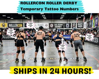 ROLLER DERBY numbers, Rollercon temporary tattoos, easy to apply, no mess, sweat proof