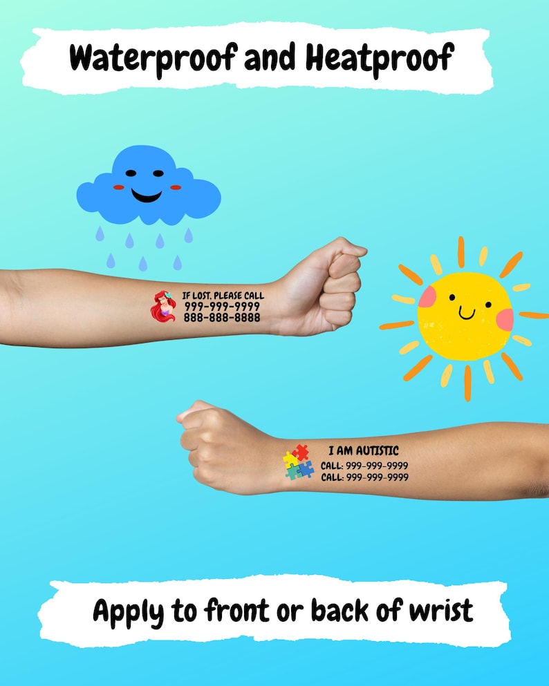 Child Safety ID Temporary Tattoo – Emergency Contact tattoos, If Lost tattoos, Disneyland, Disney World, Medical Alert tattoos image 8