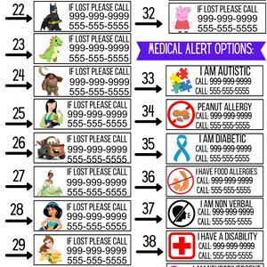 May include: A collection of rectangular identification labels numbered 21 through 39. Each label features a cartoon character or medical symbol, the text IF LOST PLEASE CALL or specific medical alerts, and two placeholder phone numbers 999-999-9999 and 555-555-5555.