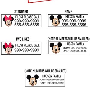 May include: A rectangular label template featuring cartoon character faces, including Minnie Mouse with a red polka dot bow and Mickey Mouse. The text includes 'EXAMPLE', 'STANDARD', 'NAME', 'TWO LINES', 'IF LOST PLEASE CALL', and 'HUDSON FAMILY'.
