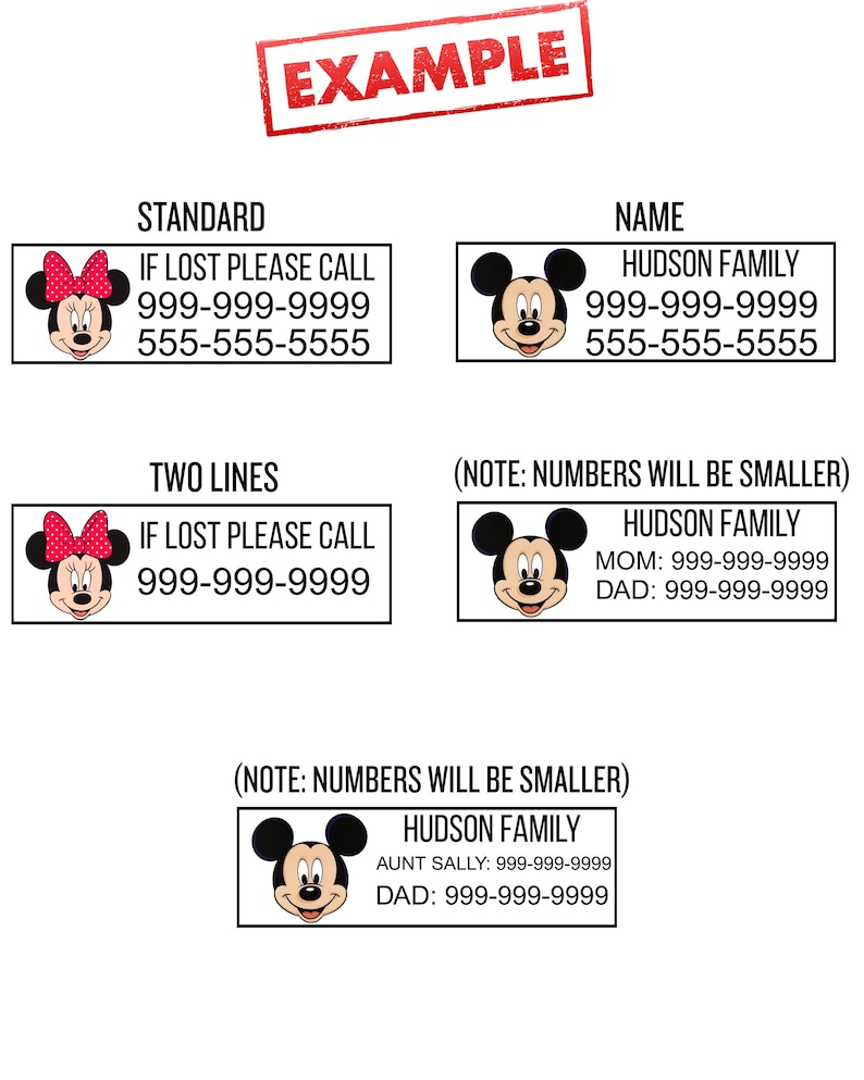 May include: A rectangular label template featuring cartoon character faces, including Minnie Mouse with a red polka dot bow and Mickey Mouse. The text includes 'EXAMPLE', 'STANDARD', 'NAME', 'TWO LINES', 'IF LOST PLEASE CALL', and 'HUDSON FAMILY'.