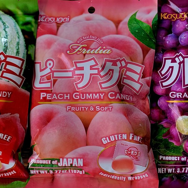 Japanese Fruit Gummy Tripak(3 pk) Sampler - Peach, Watermelon & Grape by Kasugai 3.77oz each - Free Shipping !!