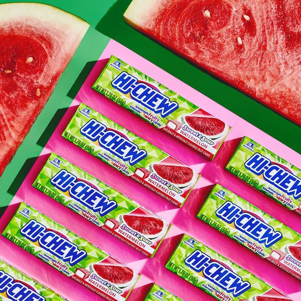 Hi-Chew Sensationally Chewy Fruit Candy Sweet & Sour Watermelon Or Green Apple Stick(Pack of 5)