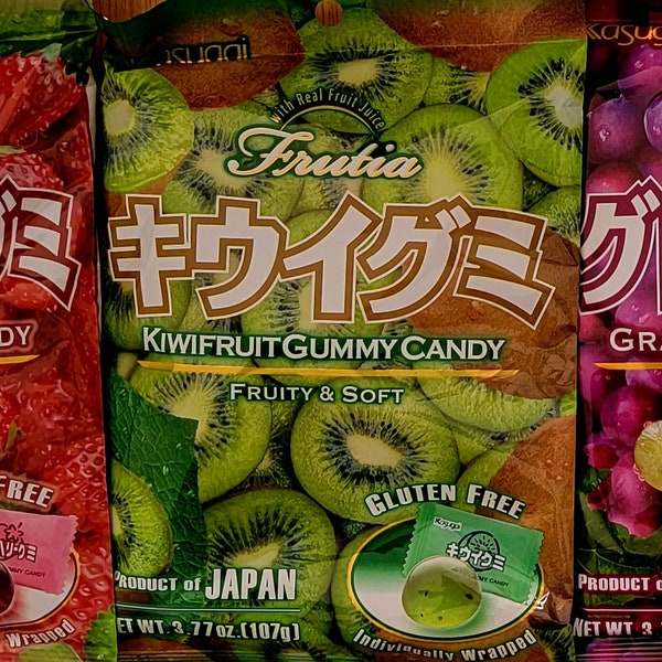 Japanese Kasugai Fruit Gummy Tripak(3 pk) Sampler-Strawberry , kiwi & Grape - Free Shipping !!!