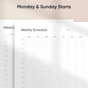 Może przedstawiać: Czarno-biały tygodniowy planer z tekstem "Weekly Schedule" i "Monday & Sunday Starts". Planer zawiera kolumny dla każdego dnia tygodnia, zaczynając od poniedziałku i kończąc na niedzieli. Każda kolumna zawiera wiersze dla każdej godziny dnia, od 6 rano do 4 po południu.