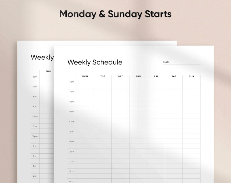 Może przedstawiać: Czarno-biały tygodniowy planer z tekstem "Weekly Schedule" i "Monday & Sunday Starts". Planer zawiera kolumny dla każdego dnia tygodnia, zaczynając od poniedziałku i kończąc na niedzieli. Każda kolumna zawiera wiersze dla każdej godziny dnia, od 6 rano do 4 po południu.