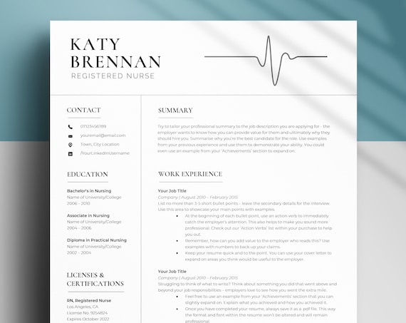 Student Nurse Resume Template for Ms Word & Mac Pages, RN Resume, Registered Nurse Medical Resume, New Grad Nursing CV, Medical Assistant CV