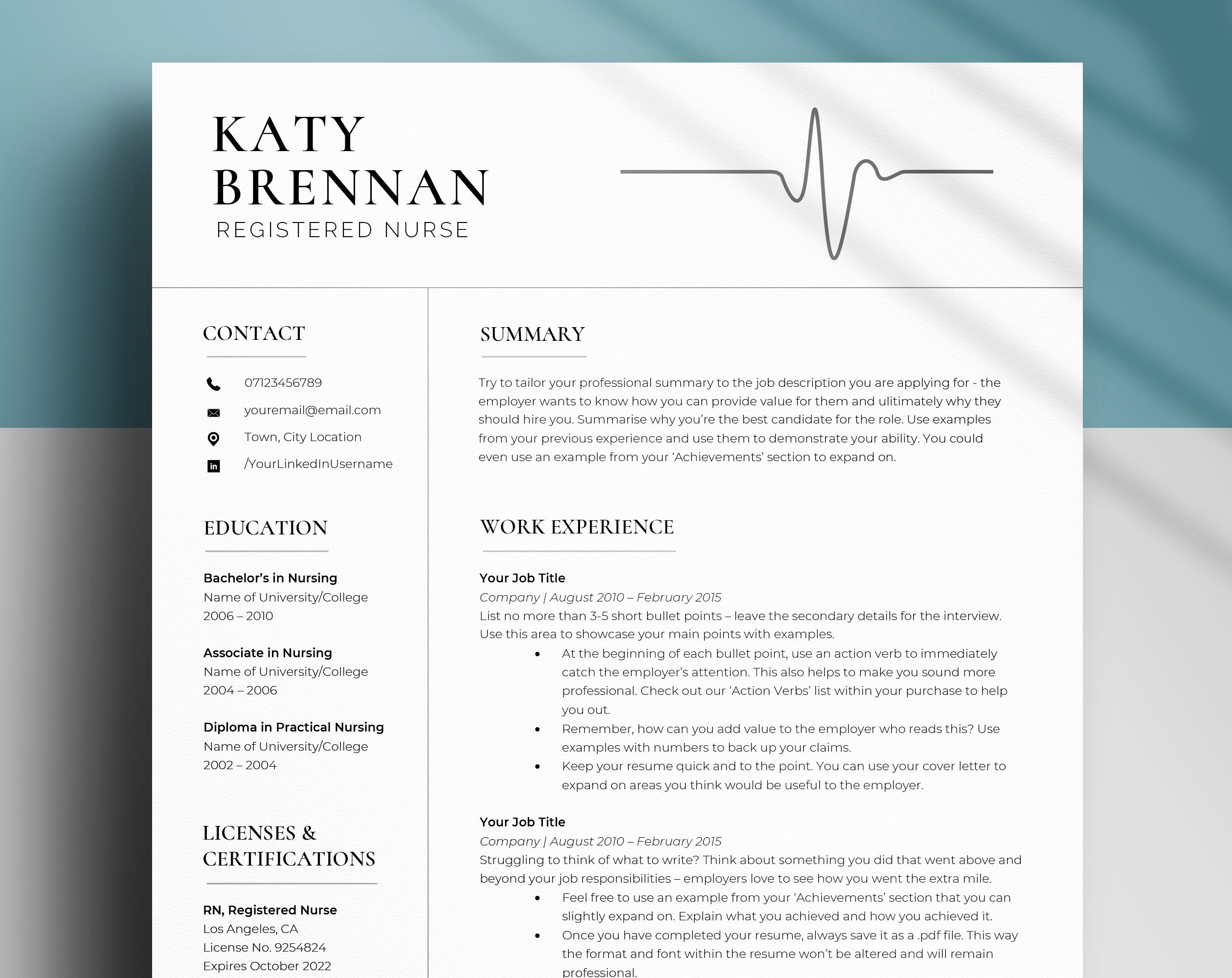 Student Nurse Resume Template for Ms Word & Mac Pages, RN Resume, Registered Nurse Medical Resume, New Grad Nursing CV, Medical Assistant CV