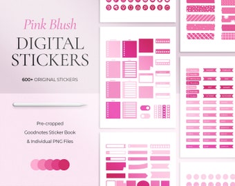 Mais de 600 adesivos digitais com tema rosa para Goodnotes + arquivos PNG individuais, adesivos digitais para planejamento e diários de iPad, livro de adesivos digital