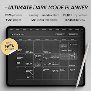 Ultimate 2024 Dark Mode Digital Planner, Dated Digital Planner for iPad Daily Planning in Goodnotes & Notability Black, Monthly Planner