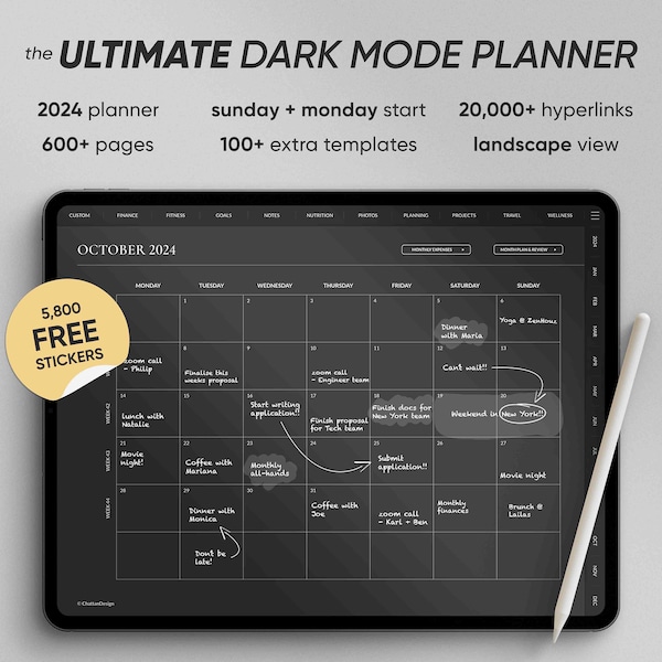 Ultimate 2024 Dark Mode Digital Planner, Dated Digital Planner for iPad Daily Planning in Goodnotes & Notability Black, Monthly Planner