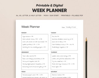 Wochenplaner Druckbare Einzelseite Vorlage A4 / A5 / Letter / Half Letter Größe Minimalistisches Design Ästhetische Aufgabenliste Druckbare PDF Ausfüllbar