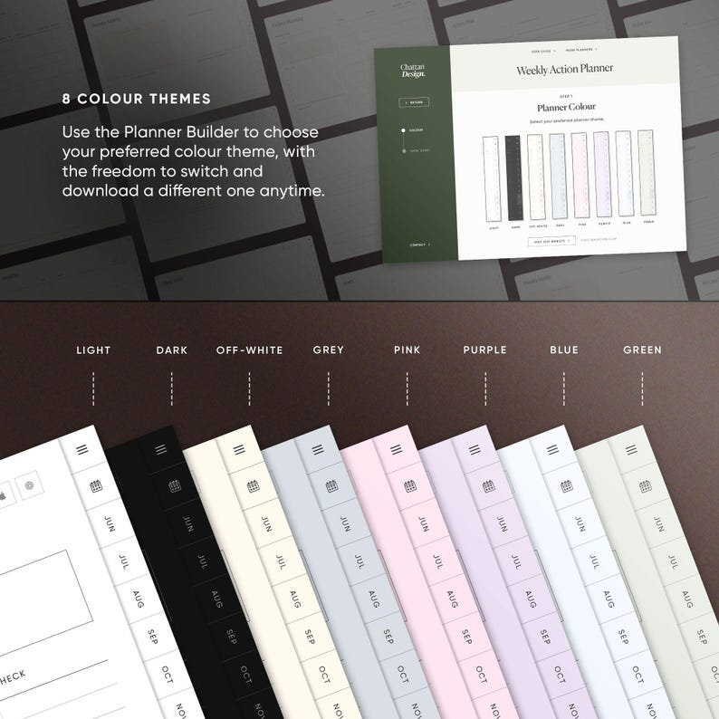 May include: A digital planner interface with the text "Weekly Action Planner" and color theme options. The image displays a range of color swatches, including light, dark, off-white, grey, pink, purple, blue, and green. Text reads "8 Colour Themes".