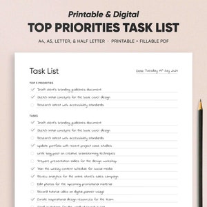 Lista de prioridades principales para hacer, plantilla imprimible de lista de verificación de tareas mínimas, bloc de notas semanal diario, casilla de verificación de planificación de toma de notas A4/A5/Carta/Mitad