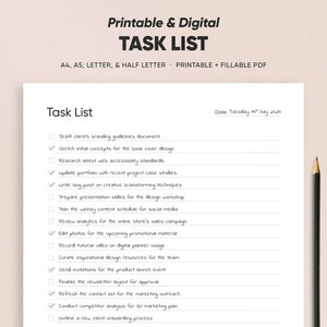 Modèle de liste de tâches minimaliste, tâches de productivité simples imprimables, planificateur d’efficacité en tailles A4/A5/Lettre/Demi, PDF remplissable et imprimable