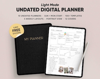 ONGEDATEERDE lichtmodus digitale planner voor GoodNotes & Notability, iPad dagelijkse wekelijkse maandelijkse planner, minimalistische dagboeksjabloon portretweergave