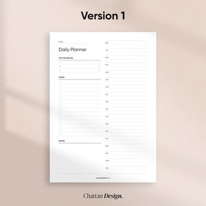 May include: A black and white daily planner printable with sections for top priorities, tasks, and notes. The planner has a simple design and includes time slots from 7:00 AM to 7:00 PM.