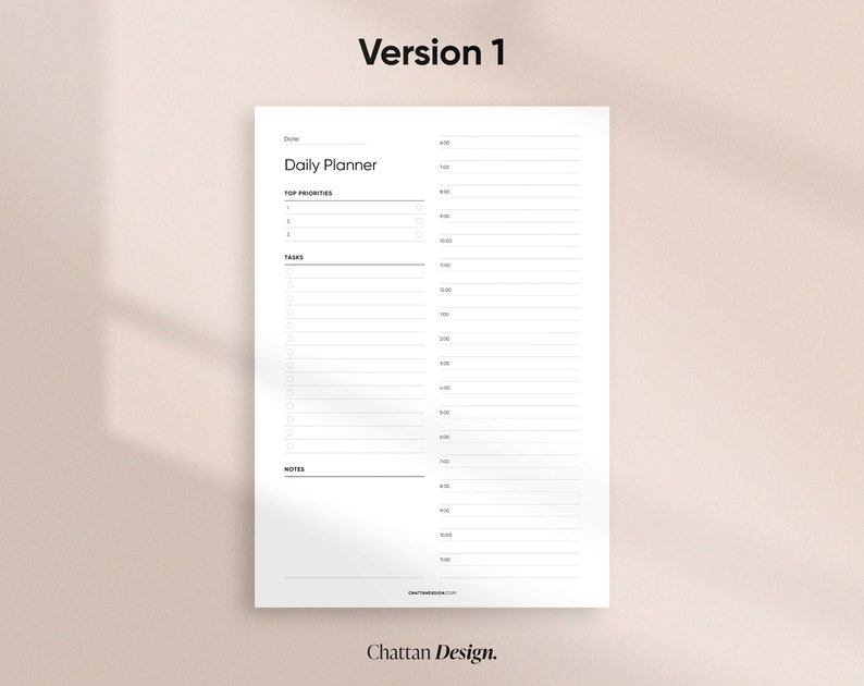 May include: A black and white daily planner printable with sections for top priorities, tasks, and notes. The planner has a simple design and includes time slots from 7:00 AM to 7:00 PM.