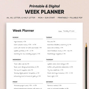 May include: A black and white printable weekly planner with a simple design. The planner has a section for each day of the week, Monday through Sunday, with space to write in tasks and appointments. The planner is titled "Week Planner" and includes the date "Tuesday 4th 2024".