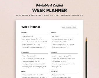 Wöchentlicher Planer To Do Liste, sofortiger Download Studenten Organizer PDF Ausfüllbar Digitales Office Checkliste, Minimales Design