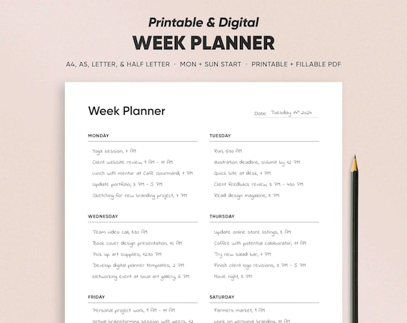 Weekly Planner Printable Week Schedule To Do List, Instant Download Student Organizer PDF Fillable Digital Office Checklist, Minimal Design