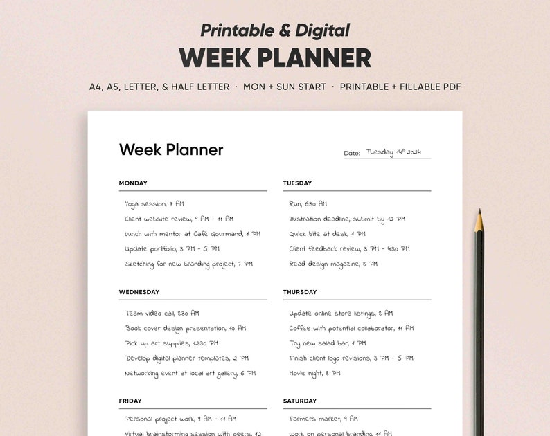 May include: A black and white printable weekly planner with a simple design. The planner has a section for each day of the week, Monday through Sunday, with space to write in tasks and appointments. The planner is titled "Week Planner" and includes the date "Tuesday 4th 2024".