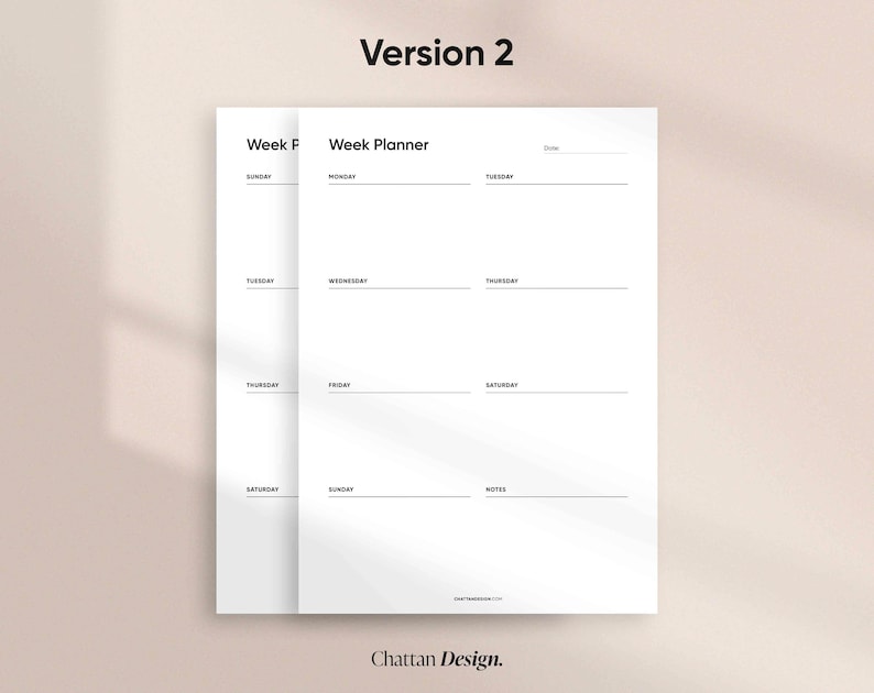 May include: A printable weekly planner with a simple design. The planner is divided into seven days of the week, with space for notes at the bottom.