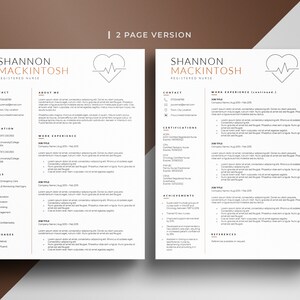 May include: A two-page resume template designed for registered nurses. The template features a heart with a heartbeat line graphic and a professional, minimalist design. The resume includes sections for contact information, education, work experience, skills, languages, certifications, achievements, and references.