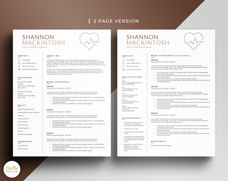 May include: A two-page resume template designed for registered nurses. The template features a heart with a heartbeat line graphic and a professional, minimalist design. The resume includes sections for contact information, education, work experience, skills, languages, certifications, achievements, and references.