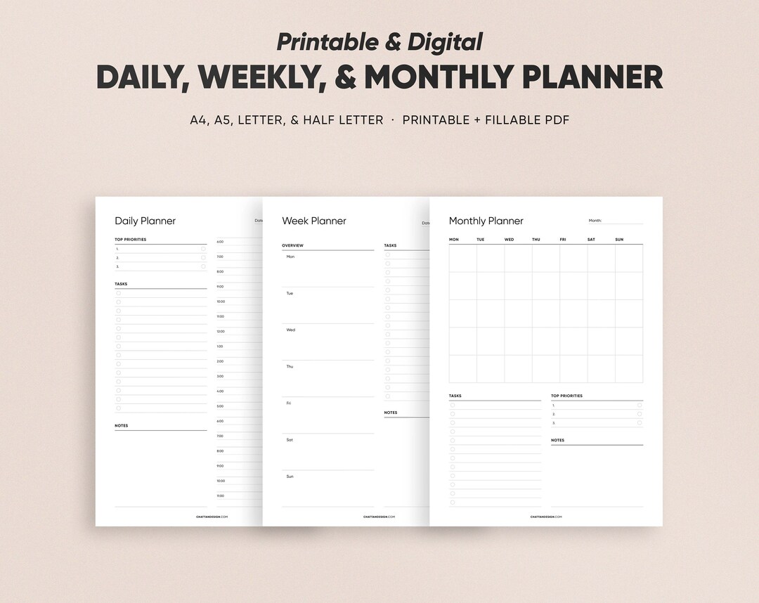 Daily, Weekly, Monthly Planning Printable Page Templates, Planner