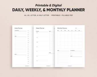 Druckbare Seitenvorlagen für Tages-, Wochen- und Monatsplanung, Planer Bundle-Set, Jahresübersicht Planereinlagen in A4/A5/Letter/Half Size Format