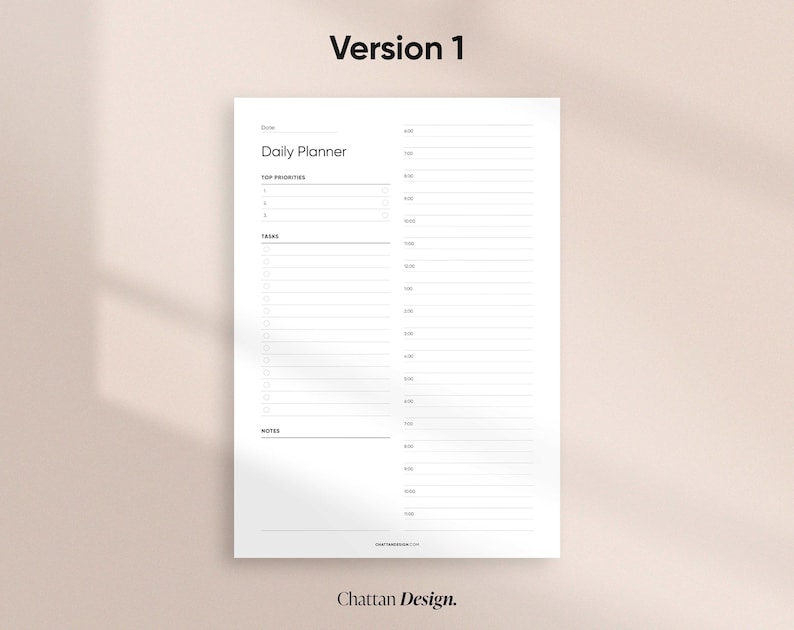 May include: A black and white daily planner printable with sections for top priorities, tasks, and notes. The planner has a simple design and includes time slots from 7:00 AM to 7:00 PM.