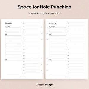 May include: A printable planner page with space for hole punching. The page is divided into two columns, one for Monday and one for Tuesday. Each column has sections for top priorities, tasks, and notes.