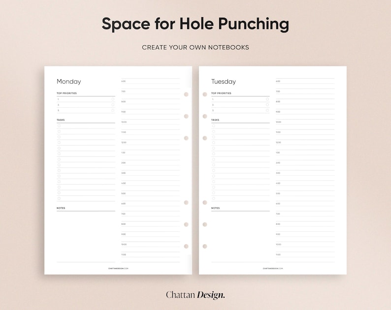 May include: A printable planner page with space for hole punching. The page is divided into two columns, one for Monday and one for Tuesday. Each column has sections for top priorities, tasks, and notes.