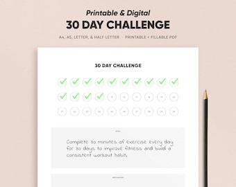 Habit Tracker, 30-Tage-Planer, Fortschrittstagebuch, druckbares und ausfüllbares PDF, A4/A5/Letter/Half, digitaler Download